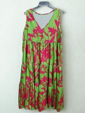 Vibrant Pink and Green Floral Maxi Dress -SZL (12-14)